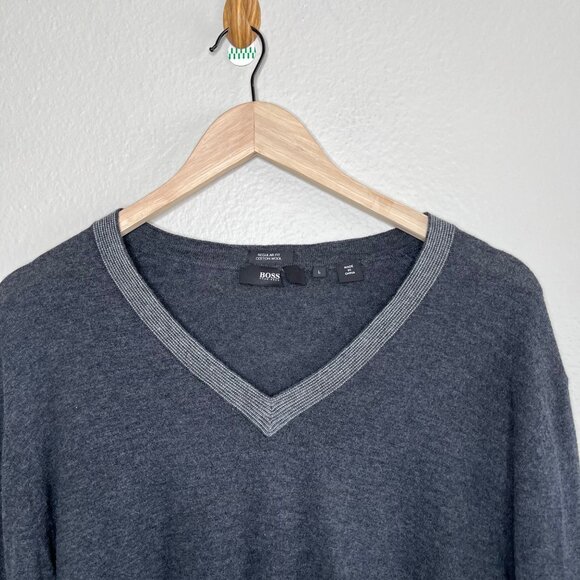 Boss Hugo Boss Mens Dark Gray V-Neck Cotton Wool Blend Pull Over Sweater Large - Picture 3 of 9